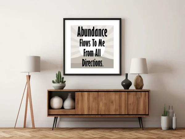 Square Money Affirmation Poster – Abundance Flows to Me Wall Art in Room Setting
